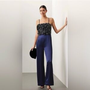 Badgley Mischka Rose Sequin Jumpsuit Adjustable Straps in Navy Satin Size 6